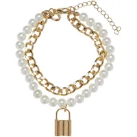 URBAN CLASSICS Padlock Pearl Layering Bracelet in Goldfarben, Größe