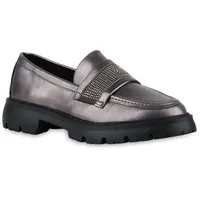 Stiefelparadies Damen Loafers in Grau Metallic,
