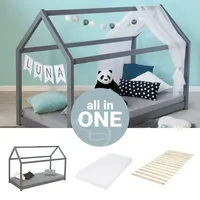 Homestyle4u Kinderbett Hausbett Grau Holz Kiefer 80x160 cm -