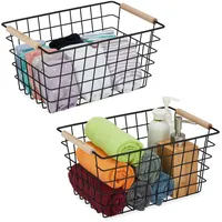 Relaxdays Drahtkorb, 2er Set, Metall, Holzgriffe, HxBxT 16 x