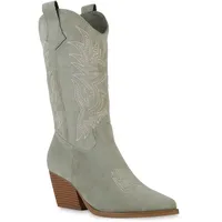 VAN HILL Damen Cowboystiefel in Hellgrün Velours