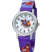 REGENT Kinderuhr F-1364 Pferde, Textilband, Aluminium, Lila - Bunt