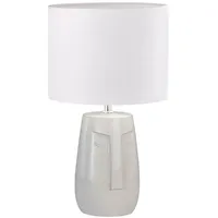 MeineWunschleuchte Tischlampe mit Keramikfuß Beige & Leinenschirm Weiß, 39cm