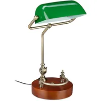 Relaxdays Bankerlampe, neigbarer Glasschirm, Holzfuß, E27-Fassung, Schreibtischlampe Retro, Bibliothekslampe,