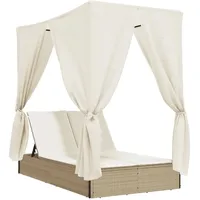 VidaXL Doppel-Sonnenliege mit Dach und Vorhängen Beige Poly Rattan