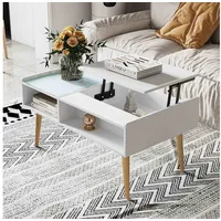 Makika Couchtisch Wohnzimmertisch mit Glas ausziehbar mit verstecktem Fach