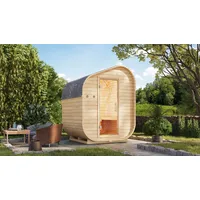 Karibu Fasssauna KARIBU "Franzi asymmetrisch", beige (naturbelassen), Saunaofen, integrierte