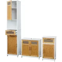 Mendler Badezimmerset HWC-A85, Hochschrank Waschbeckenunterschank Kommode Bambus, weiß