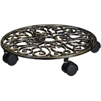 Relaxdays Pflanzenroller Gusseisen Ø33,5cm, Metall 4 Rollen Blumenroller antikes