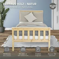 ML-Design Holzbett mit Lattenrost 90x200 cm Natur mit Matratze