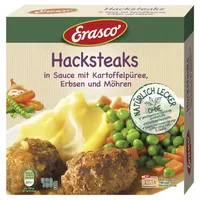 Erasco Hacksteaks in Sauce mit Kartoffelpüree, Erbsen und Möhren