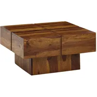 Wohnling Couchtisch Sheesham Massivholz Sofatisch quadratisch, Sockel, 57.5x30x57.5 cm