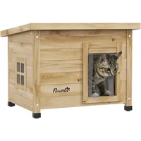PawHut Katzenhaus aus Holz Katzenhütte mit Türvorhang Gelb