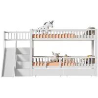 Xixiworkshop Kinderbett Hochbett 90×200cm, Doppelbett mit 2 Schubladen Ablageregal/Treppe/Rutsche
