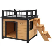 PawHut Hundehütte Hundehaus mit Balkon, Erhöhtes Kleintierhaus mit Treppe,