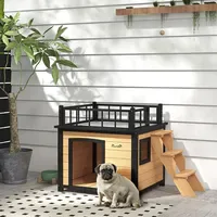 PawHut Hundehütte Hundehaus mit Balkon, Erhöhtes Kleintierhaus mit Treppe,