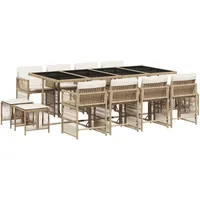 VidaXL 13-tlg. Garten-Essgruppe mit Kissen Beige Poly Rattan