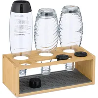 Relaxdays Flaschenhalter kompatibel mit Sodastream-Flaschen, Bambus, Silikonmatte, 3er Flaschenständer,