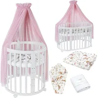 Waldin Babybett OWAL aus Holz 7in1 mit Matratze, mitwachsend,Stoffe