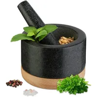 Relaxdays Mörser mit Stößel, Holzuntersetzer, Granit, HxD: 8,5 x