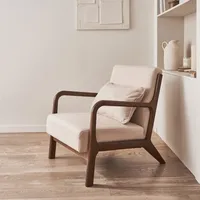 Sweeek - Sessel mit beigem Stoffbezug, Beine aus nussbaumfarbenem