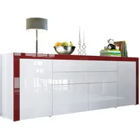 Vladon Sideboard, Weiß Hochglanz, Rot, Holzwerkstoff, 200x72x35 cm, Wohnzimmer,