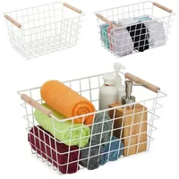 Relaxdays Drahtkorb mit Holzgriffen 3er Set Weiß,Hellbraun