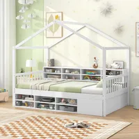 Costway Hausbett 90x200cm, Kinderbett mit Rausfallschutz, 14 Fächern, Schrank,