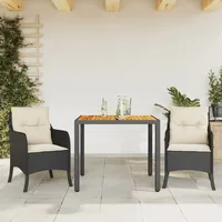 VidaXL 3-tlg. Garten-Essgruppe mit Kissen Schwarz Poly Rattan