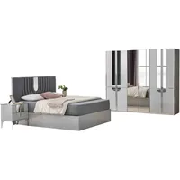 JV Möbel Komplette Doppelbett Nachttische Bett 4tlg Grau Schrank,