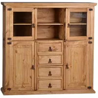 MiaMöbel Mexico Highboard Glas, Massivholz Pinie Mexiko Möbel Mexikanisch