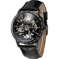 Alienwork IK Automatikuhr Armbanduhr Herren Damen Schwarz Lederarmband Skelett