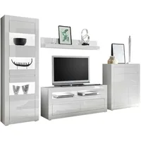 Furn.design Wohnwand, Weiß Hochglanz, Weiß, Grau, Holzwerkstoff, Nachbildung, Uni,