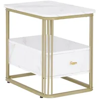 MCombo Beistelltisch mit Schublade, Modern Sofatisch Marmor Weiß Gold,