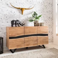 FineBuy Massivholz Sideboard 150cm Akazie Natur Kommode mit 3