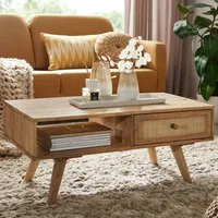 FineBuy Couchtisch 90x40x45 cm Massivholz Rattan Wohnzimmertisch Schublade