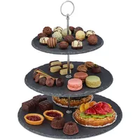 Relaxdays 4 x Etagere mit 3 Etagen, Schiefer, Kuchen,