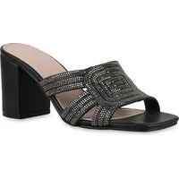 VAN HILL Damen Pantoletten Blockabsatz Strass Klassisch Schuhe Schwarz,
