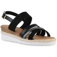 Stiefelparadies Damen Keilsandaletten in Schwarz Metallic