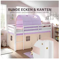 Homestyle4u Hochbett 90x200 mit Lattenrost Tunnel Vorhang Lila Weiß,