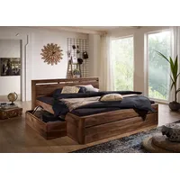 MASSIVMOEBEL24.DE Bett mit Schublade 200x200 Farbe:Dunkelbraun gebeizt