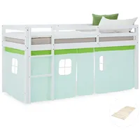 Homestyle4u Hochbett 90x200 mit Lattenrost Vorhang Grün 2972