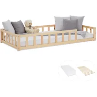 Homestyle4u Kinderbett Natur mit Rausfallschutz 90x200 cm Bodenbett Montessori