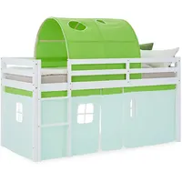 Homestyle4u Hochbett 90x200 mit Tunnel Vorhang Grün, Kinderbett 2967