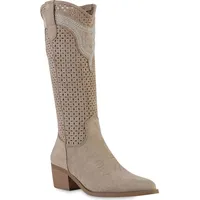Stiefelparadies Damen Cowboystiefel in Khaki Velours,