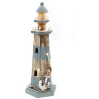 Ellug Leuchtturm aus Holz in braun-blau mit LED-Lichtern und