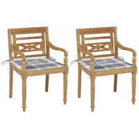 VidaXL 2x Teak Massiv Batavia Stuhl Graue Karomuster-Kissen Gartenstühle