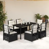VidaXL 7-tlg. Garten-Essgruppe mit Kissen Schwarz Poly Rattan