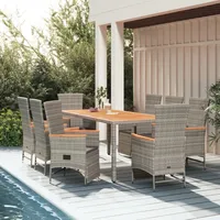 VidaXL 9-tlg. Garten-Essgruppe mit Kissen Grau Poly Rattan