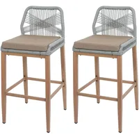 Mendler 2er-Set Rope-Barhocker HWC-O21, Outdoor Sitzpolster Seilgeflecht Metall Holz-Optik